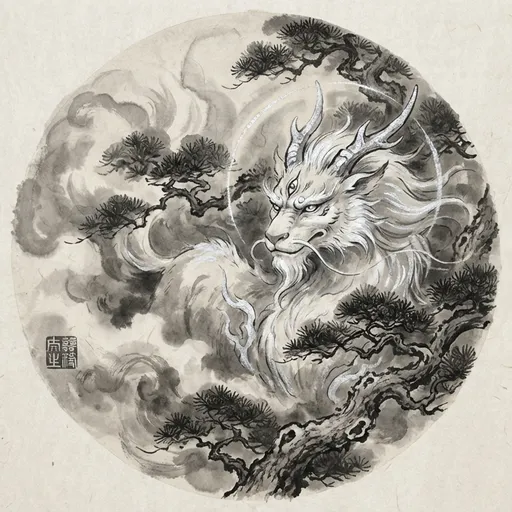 白泽 Baize — 中国神话异兽水墨画像