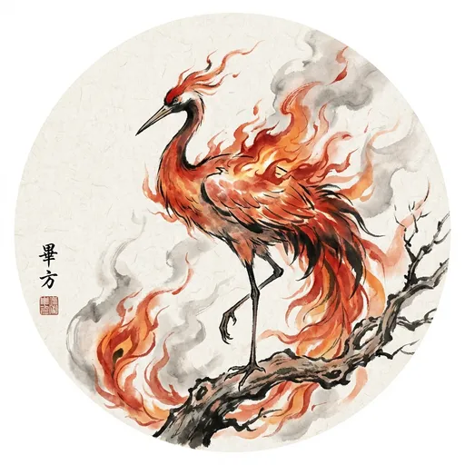 毕方 Bìfāng, The One-Legged Flame — 中国神话异兽水墨画像