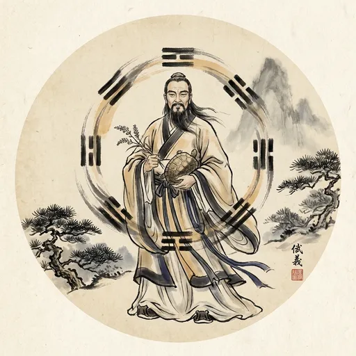 伏羲 Fuxi, God of Civilization — 中国神话人物水墨画像