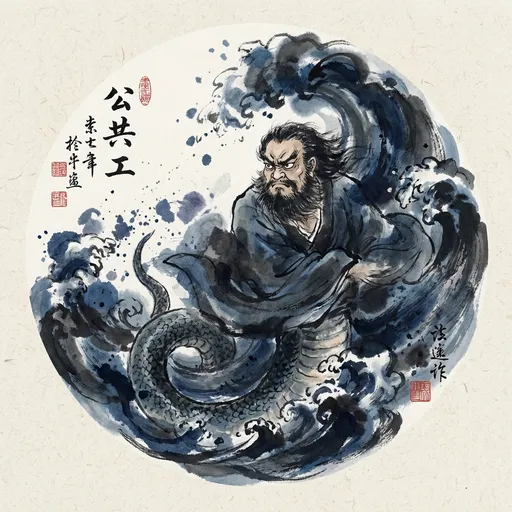 共工 Gonggong, God of Water and Chaos — 中国神话人物水墨画像