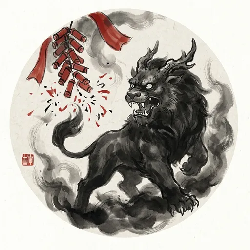 年兽 Niánshòu, The New Year Monster — 中国神话异兽水墨画像