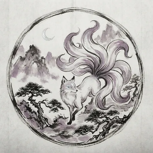 九尾狐 Nine-Tailed Fox — 中国神话异兽水墨画像
