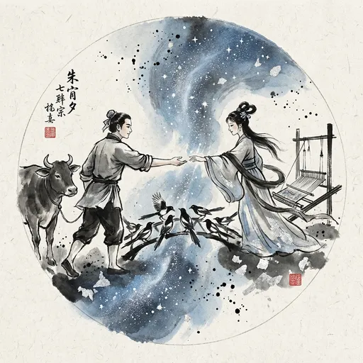 牛郎织女 Niú Láng Zhī Nǚ, The Cowherd and the Weaver Girl — 中国神话人物水墨画像