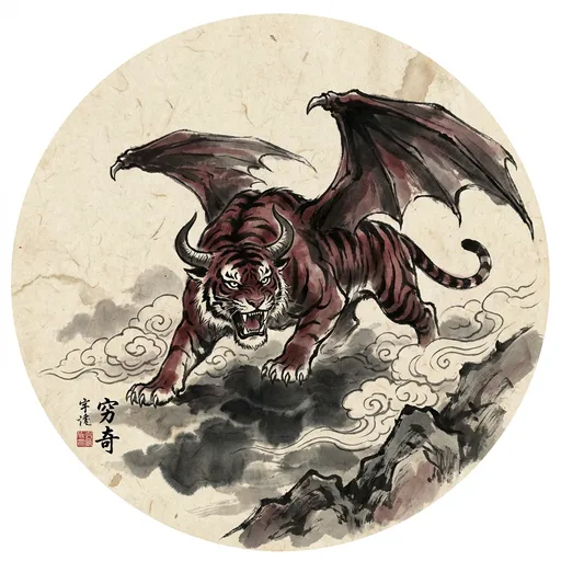 穷奇 Qióngqí, The Winged Tyrant — 中国神话异兽水墨画像