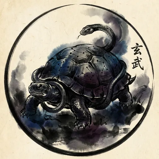 玄武 Xuanwu, The Black Tortoise-Serpent — 中国神话异兽水墨画像
